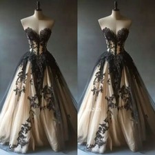 Gothic Champagne Wedding Dresses Black Lace Sweetheart A Line Bridal Gowns