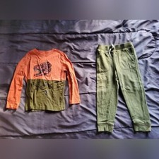 boys 4/5 dark green joggers and graphic long sleeve