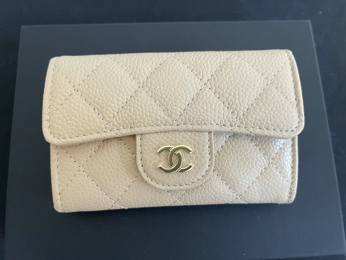 NEW CHANEL REV Beige Caviar GHW Quilted Classic Snap Card Holder w/ receipt