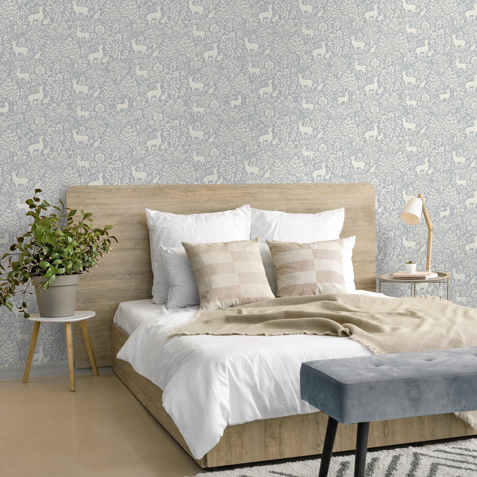 Blue Floral Wallpaper Deer Rabbits Leaves Slightly Textured Feature Wall Bedroom