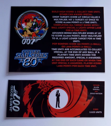 * * 'JAMES BOND 007' Gottlieb 1980 Custom Instruction/Apron Cards * * (New)