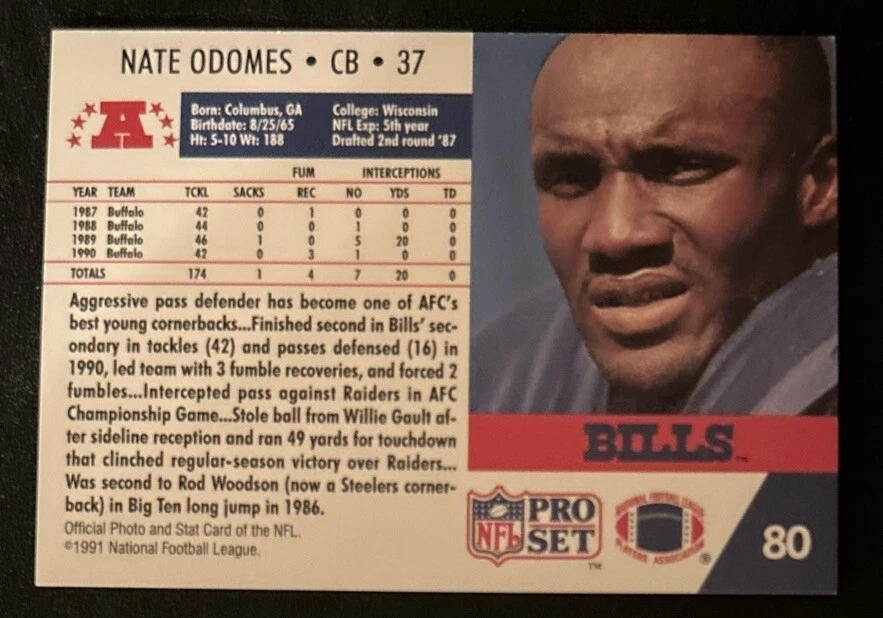 1991 NFL Pro Set Nate Odomes Football Card #80 Bills CB VG - Image 2 of 2