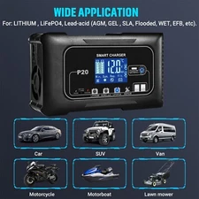 12V/24V 20-Amp Car Battery Charger, P20 Smart Lithium LiFePO4, Lead Acid Charger