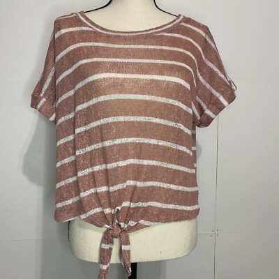 Ginger G Women Small Blush Pink Knot Front Short Sleeve Open Mesh Striped 