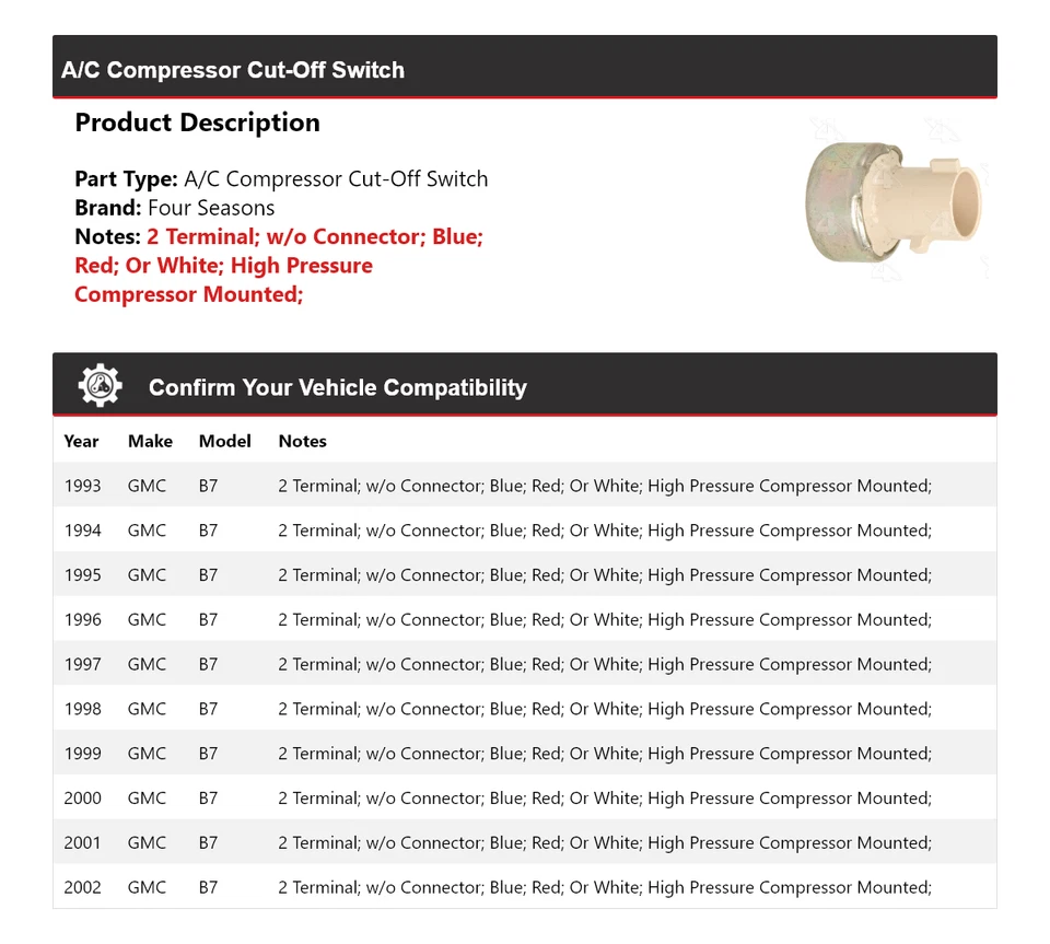 Interruptor de corte de compresor de aire acondicionado GMC B7 1993-2002 4 estaciones 1994 1995 1996 1997 Foto 2 de 4
