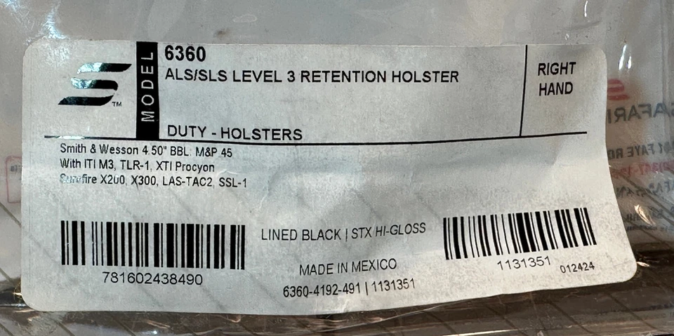 Safariland 6360 ALS/SLS Level 3 Gloss RH Duty Holster: S&W M&P 9/40/45 + LIGHT - Image 2 of 4
