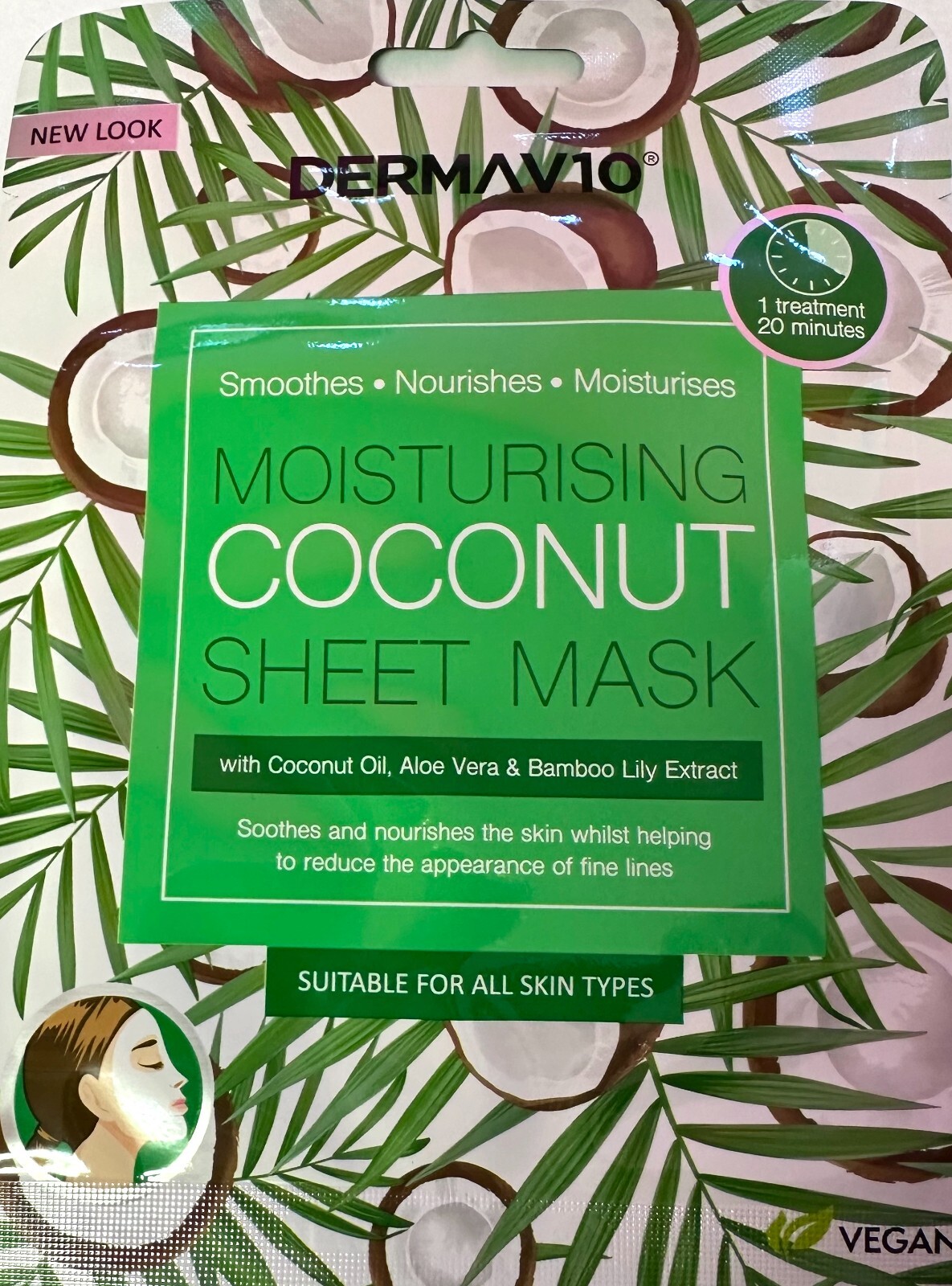 Derma V10 Moisturising Nourishing Coconut Face Sheet Mask + Aloe Vera x 1 Mask