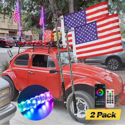 2X 3ft RGB Spiral LED Whip Lights Music Remote & Flag Car Antenna For Universal