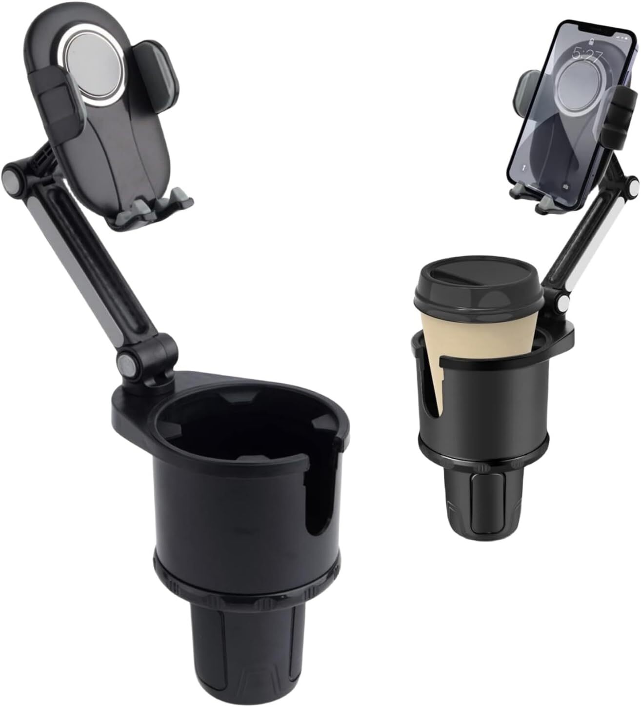 Adjustable Car Cup Holder Expander with 360° Rotating Phone Mount and Stable Base