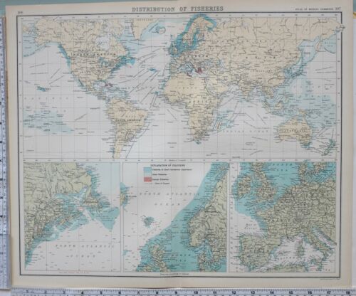 1906 Landkarte Welt Commerce Distribution Fischerei Handels Exporte Herring COD - Afbeelding 1 van 6