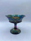 Fenton Carnival Iridescent Stem Compote Scalloped Edge Fan & Flower Design 5"