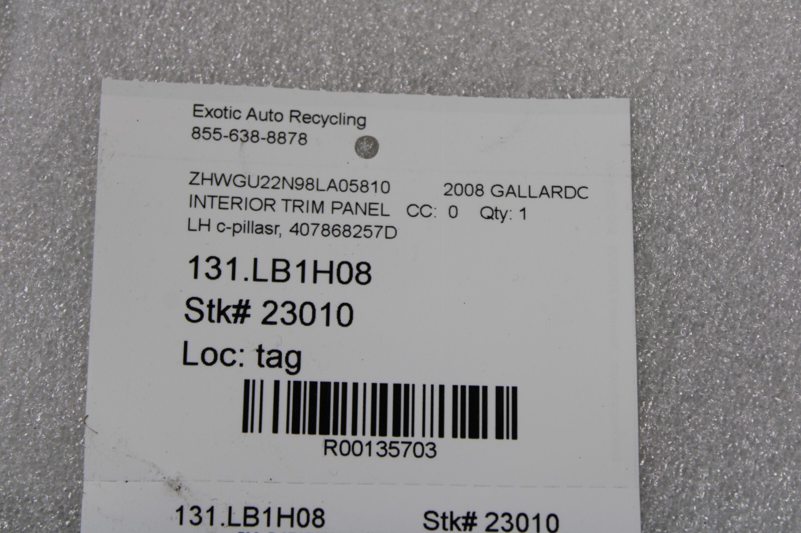 Lamborghini Gallardo, Spyder, LH, C-Pillar Trim Panel, Used, P/N 407868257D