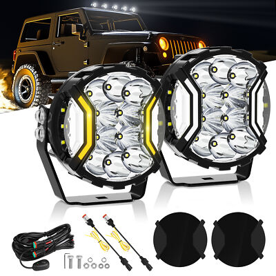 Pair 5'' LED Round Light Pods White DRL &Amber Turn Signal Driving Lamp w/ Covers