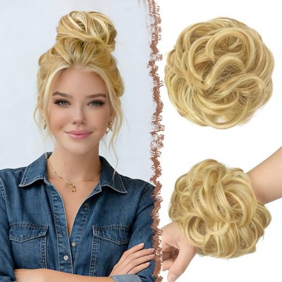FESHFEN Messy Bun Hair Large, 27H613# Strawberry Blonde & Bleach 