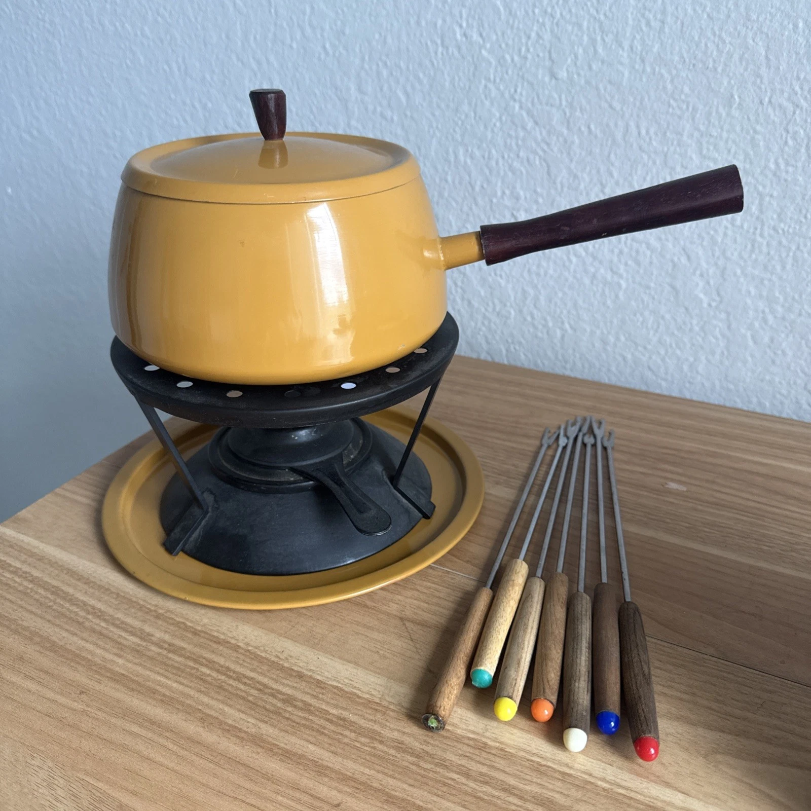 VINTAGE MCM orange Fondue Set With Forks Tines