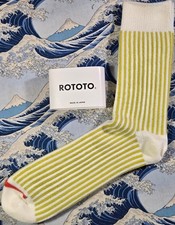 Rototo Japanese Men's Cotton Socks Chunky Vertical Stripe White Lime UK 9 - 11
