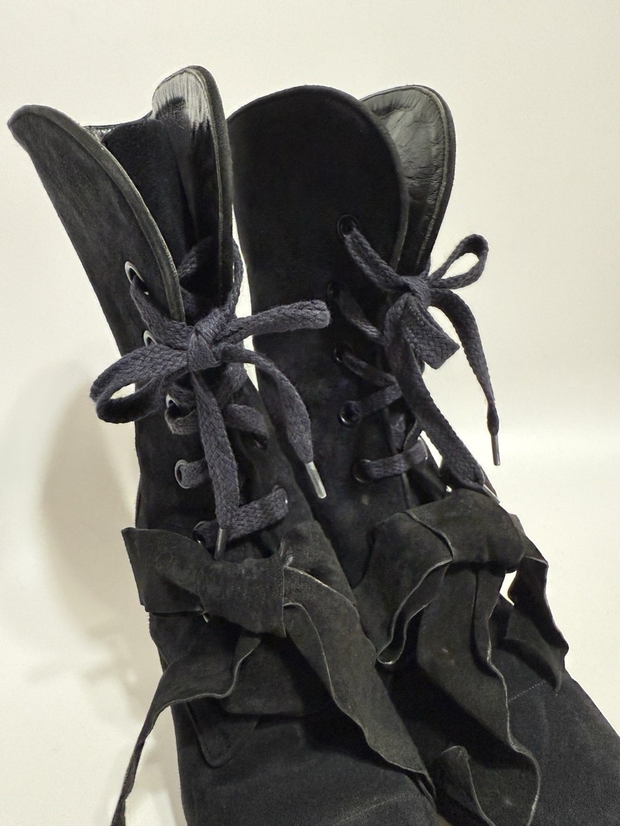 Vtg Chanel C.1994 Black Suede Victorian Flared Heel Boots 36