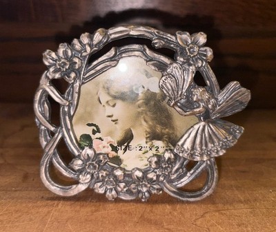Vintage Ganz Pewter/Metal Frame Flowers & Fairy-Pixie 2  X 2 