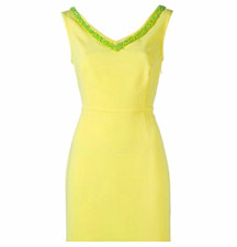 Tory Burch solid yellow beaded trim sheath dress sleeveless V-neck knee length 2