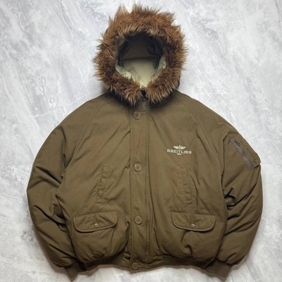 Alpha Industries Breitling Hooded Down Bomber Jacket Men s L Brown Fur Trim