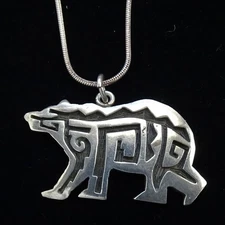 Vintage Native American Hopi Bear Pendant Necklace Sterling Silver Overlay 17”