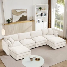 4-Seater Modular Sectional Sofa w/ Ottoman, U-Shaped Couch, Chenille, Beige
