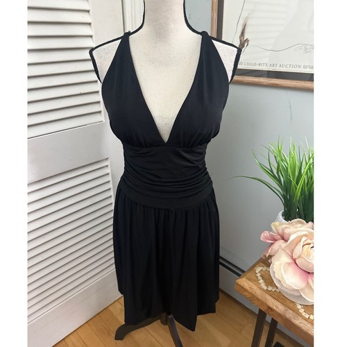 Vintage BETSY ADAM Damen Kleid schwarz Cocktail tiefer V-Ausschnitt Kette Neckholder | 2