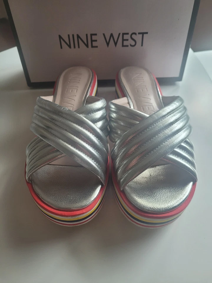 Sandalias Nine West Zonita Slide Zapatos Tacón Plateado Colorido Talla 8 Foto 4 de 4