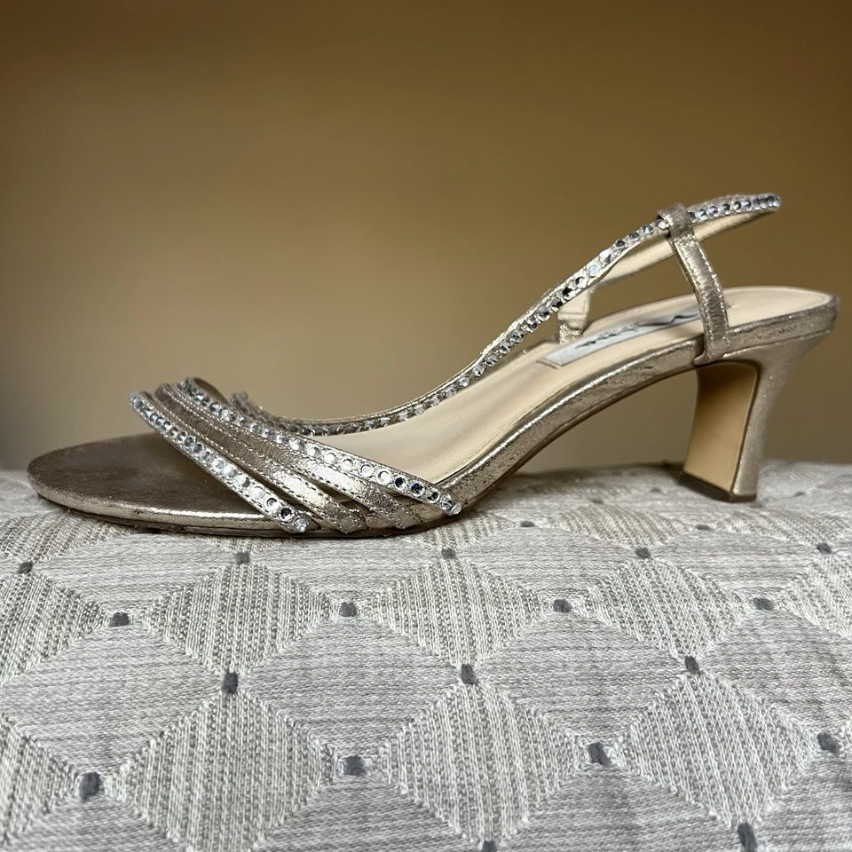 Nina Sandal Gerri Metallic Taupe Slingback Heeled Sandals Women 7.5 Rhinestones - Image 2 of 4