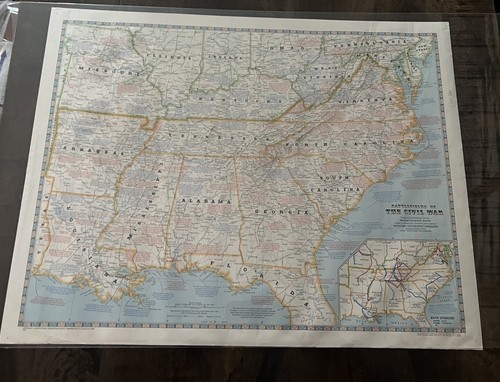 Vintage Large 2-Sided Battlefields Of The Civil War Map 23x30 Poster.