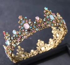 Gold Tone Multicolor Rhinestone Princess Tiara Crown Headdress for Women