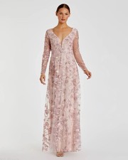 Mac Duggal NWT Floral Applique Long Sleeve Illusion Dress in Rose Pink Size 4