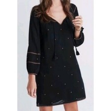 Madewell Boho Shift Mini Dress Womens XXS Black Embroidered Tassel Tie Casual