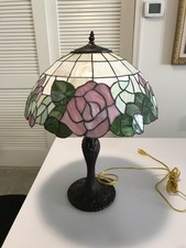 Tiffany style Stained glass rose table lamp with bronze-style base -  22”