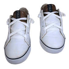 Polo By Ralph Lauren White Brisbane Shoes Boys Size 2 Blue Pony Sneakers Logo