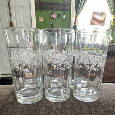 Pasabahce Clear Glass Floral & Gold Decorated Drinking Glasses Set of 6