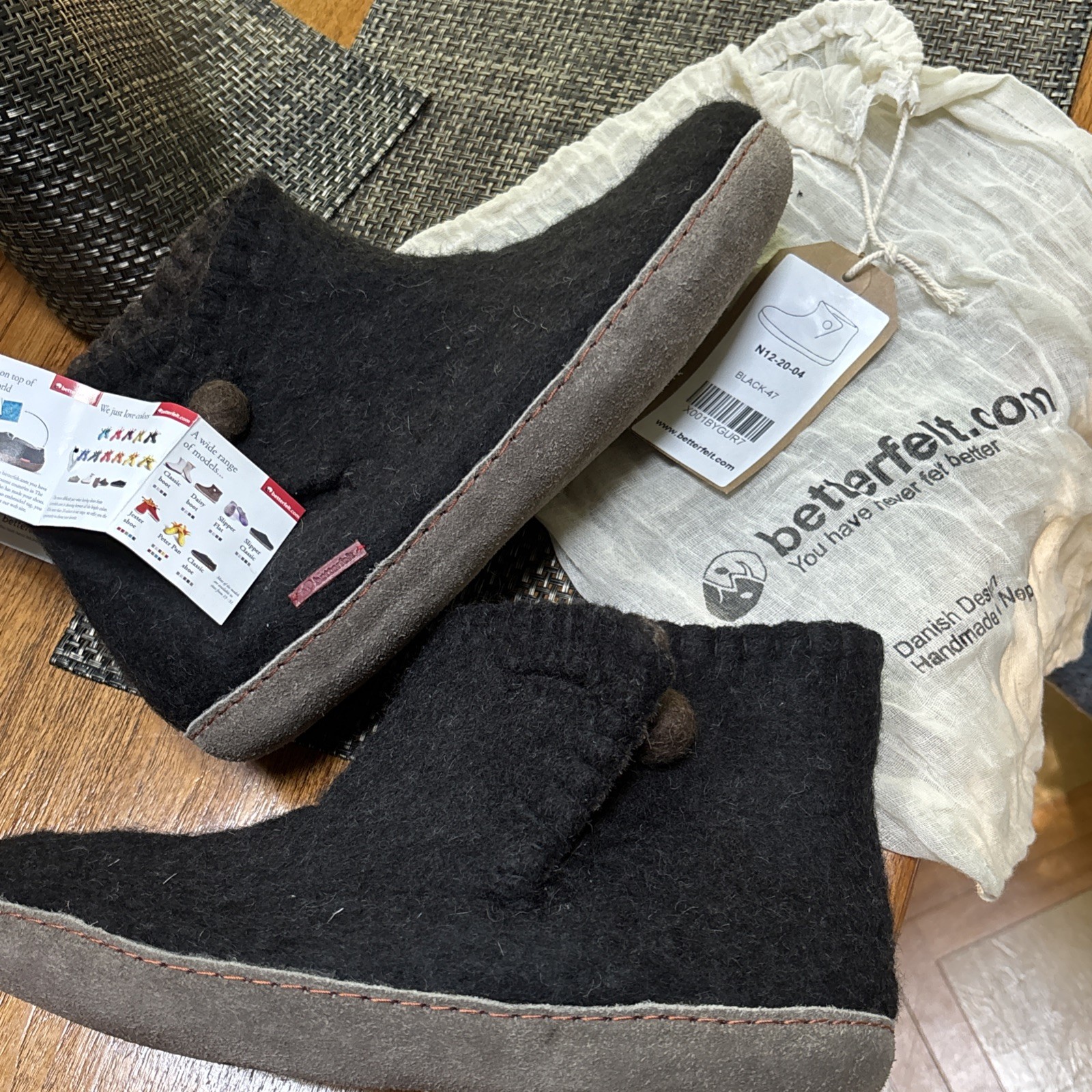 SAOLA Pantofole stivali Betterfelt nuove con etichette taglia EU 47 nere con suola in pelle margherita