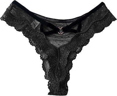 Damen Schwarz Spitze Träger Tanga Höschen Herz Ring Netz G-String Dessous