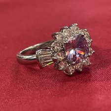 Silver Toned Square Purple  Clear Gem Flower Cocktail Ring Size 8.25