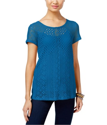 I.N.C Womens Mixed-Knit Basic T-Shirt, Blue, X-Small