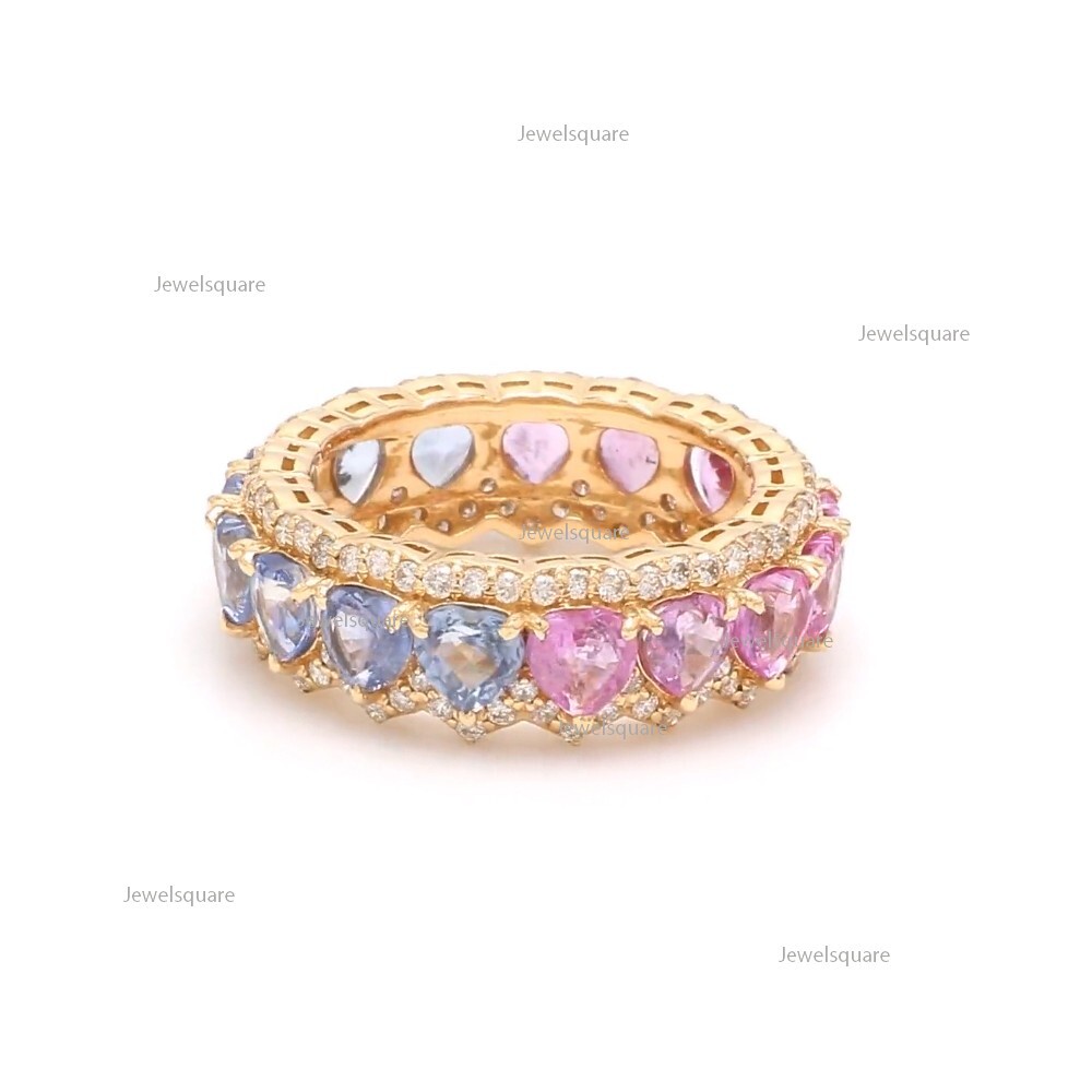 Heart Natural Blue & Pink Sapphire Pave Diamond Wedding Heart Band Ring 14k Gold