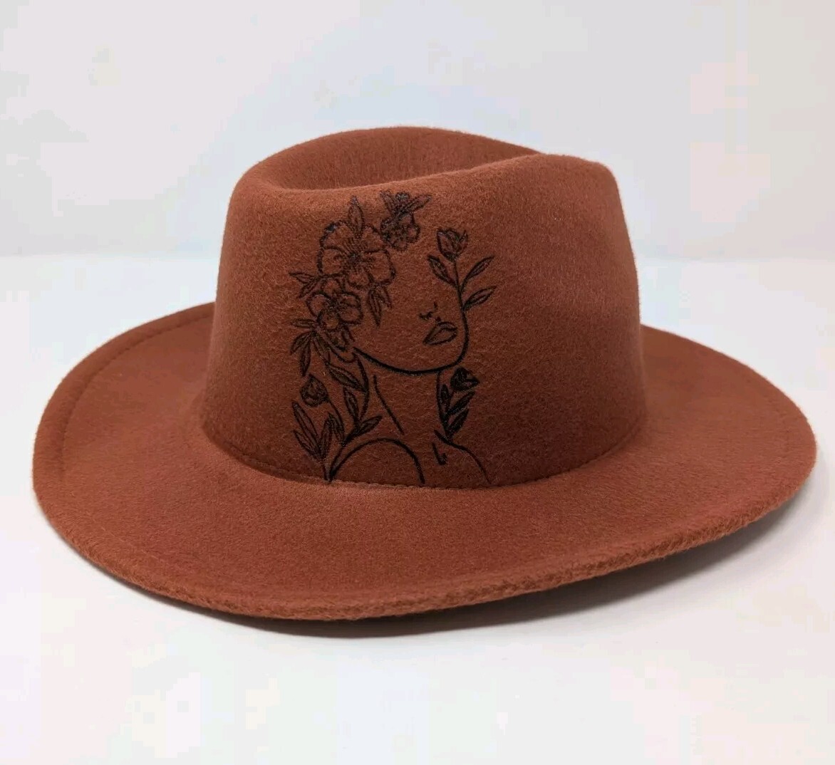 Rustic Orange Wide Brim Fedora Hat with Woman Figure Artwork Design in One Size Fits Most for Women-image