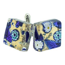 Murano Glas Manschettenkn&ouml;pfe Gold Blau Gelb Millefiori Paar Eckig