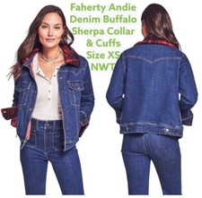 Faherty Women's Size Xs Denim Trucker Lined Buffalo Plaid Sherpa Collar Cuff Nwt