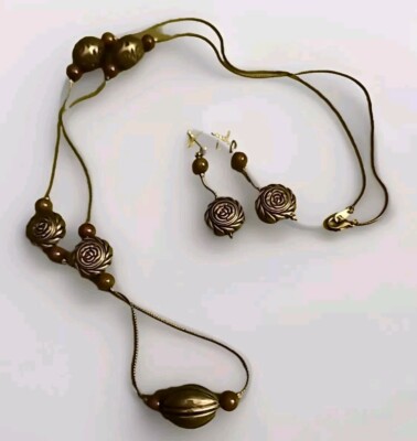 Vintage Rose Nickle Tone With Burgundy Beads Necklace and Earrings