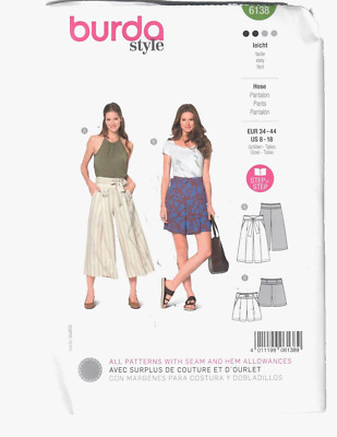 Burda Style 6138 Sewing Pattern Misses Pants Shorts Sizes 8-10-12-14-16-18