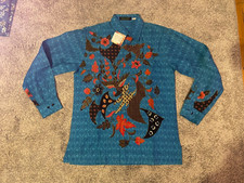 Mens Authentic Indonesian Batik Shirt Blue M psychedelic Hawaiian long sleeve