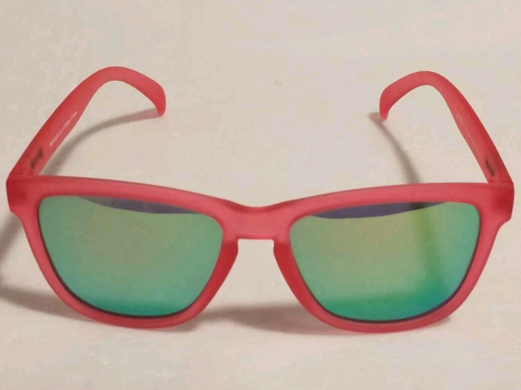 Goodr Running Sunglasses "Flamingos on a Booze Cruise" Pink Frames Blue