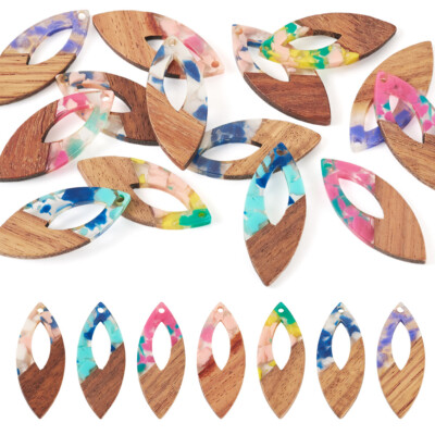 14Pcs 7 Colors Horse Eye Resin and Walnut Pendants Jewelry Making 38x15.5x3mm