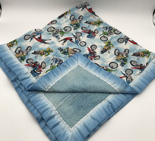 Handmade Baby Quilt Crib Blanket Motorcycles Satin Trim 47"x 48" Blue